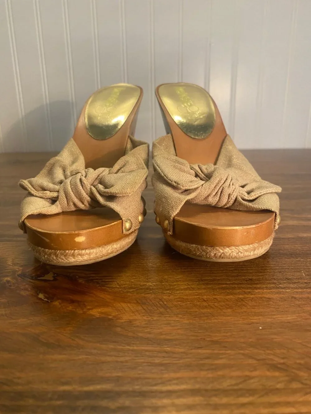 Kensie Girl - Jett Bow Platform Mule Heeled Sandals - Tan/Gold Flecked - 8.5 - Picture 3 of 12